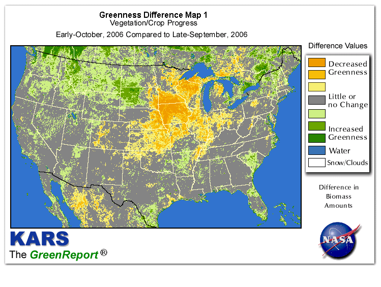Color-coded U.S. vegetation greeness index map for Period 41 of 2006, illustrating spatial variations in plant vigor, with greener tones indicating higher biomass and browner tones indicating stressed vegetation,
              comparing current crop/vegetation change in biomass to the previous week within the same year.