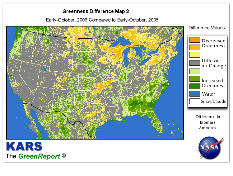 Color-coded U.S. vegetation greeness index map for Period 41 of 2006, illustrating spatial variations in plant vigor, with greener tones indicating higher biomass and browner tones indicating stressed vegetation,
              comparing current crop/vegetation change in biomass to same period from the previous year.
