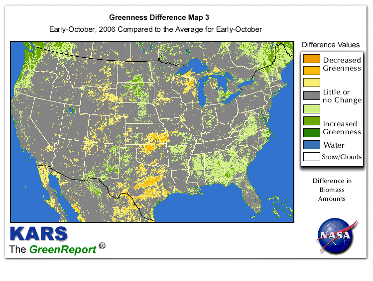 Color-coded U.S. vegetation greeness index map for Period 41 of 2006, illustrating spatial variations in plant vigor, with greener tones indicating higher biomass and browner tones indicating stressed vegetation,
              comparing current crop/vegetation change in biomass to the 20-year greenness average.