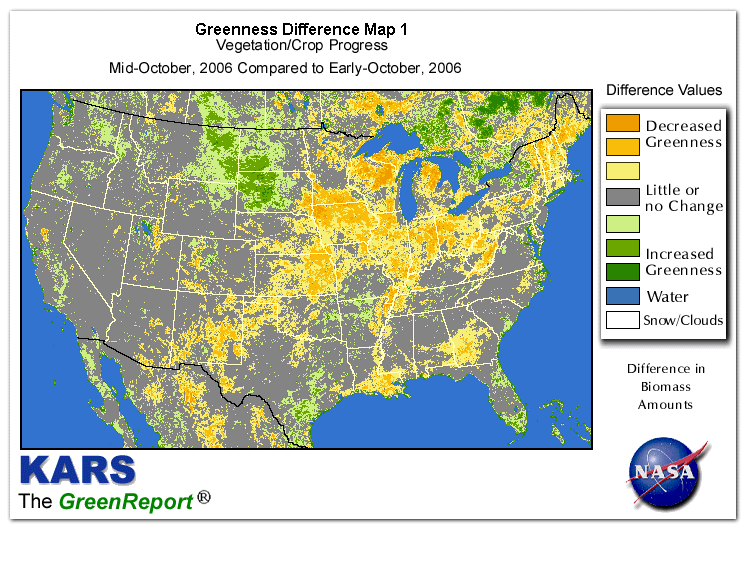 Color-coded U.S. vegetation greeness index map for Period 42 of 2006, illustrating spatial variations in plant vigor, with greener tones indicating higher biomass and browner tones indicating stressed vegetation,
              comparing current crop/vegetation change in biomass to the previous week within the same year.