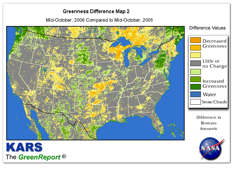 Color-coded U.S. vegetation greeness index map for Period 42 of 2006, illustrating spatial variations in plant vigor, with greener tones indicating higher biomass and browner tones indicating stressed vegetation,
              comparing current crop/vegetation change in biomass to same period from the previous year.