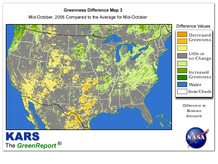 Color-coded U.S. vegetation greeness index map for Period 42 of 2006, illustrating spatial variations in plant vigor, with greener tones indicating higher biomass and browner tones indicating stressed vegetation,
              comparing current crop/vegetation change in biomass to the 20-year greenness average.