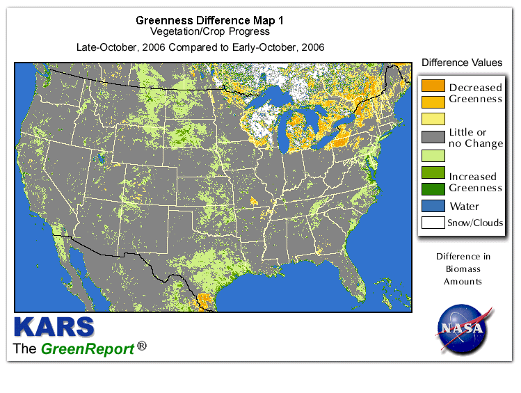 Color-coded U.S. vegetation greeness index map for Period 43 of 2006, illustrating spatial variations in plant vigor, with greener tones indicating higher biomass and browner tones indicating stressed vegetation,
              comparing current crop/vegetation change in biomass to the previous week within the same year.