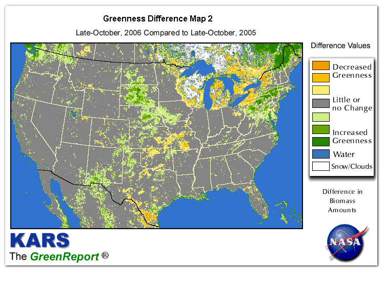 Color-coded U.S. vegetation greeness index map for Period 43 of 2006, illustrating spatial variations in plant vigor, with greener tones indicating higher biomass and browner tones indicating stressed vegetation,
              comparing current crop/vegetation change in biomass to same period from the previous year.