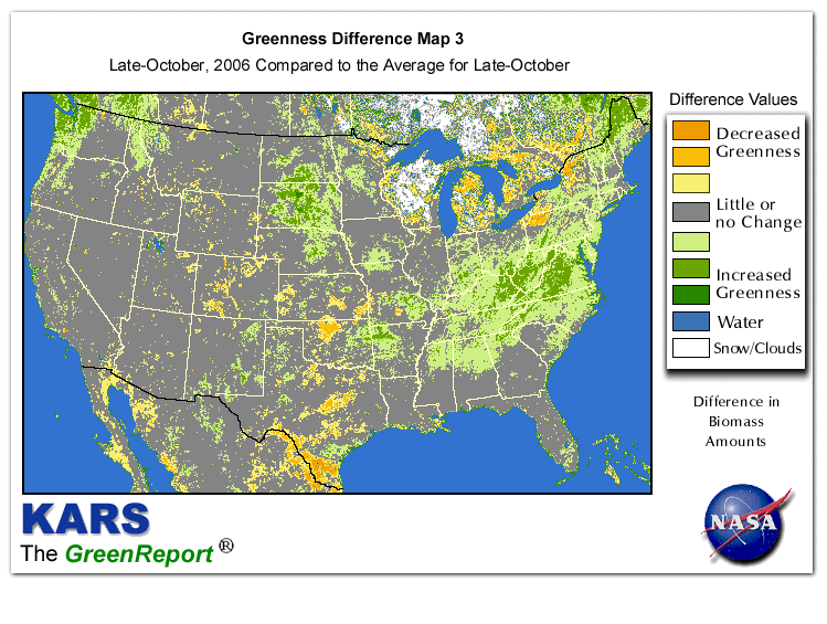 Color-coded U.S. vegetation greeness index map for Period 43 of 2006, illustrating spatial variations in plant vigor, with greener tones indicating higher biomass and browner tones indicating stressed vegetation,
              comparing current crop/vegetation change in biomass to the 20-year greenness average.