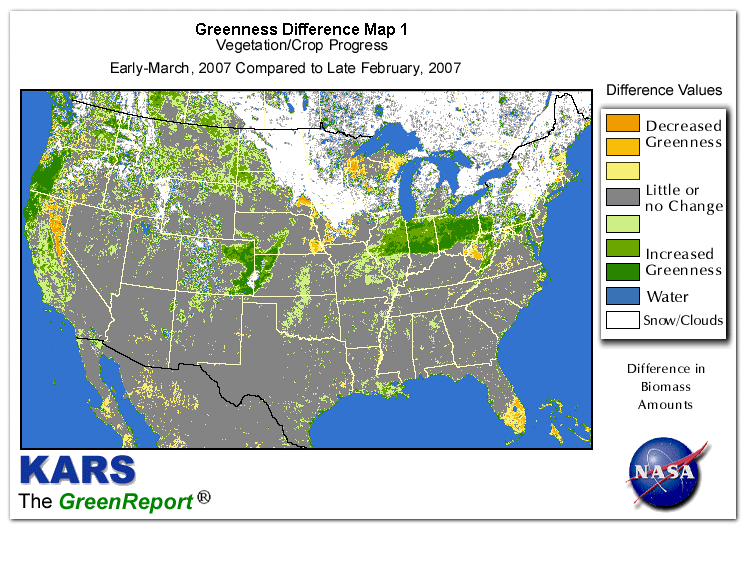 Color-coded U.S. vegetation greeness index map for Period 11 of 2007, illustrating spatial variations in plant vigor, with greener tones indicating higher biomass and browner tones indicating stressed vegetation,
              comparing current crop/vegetation change in biomass to the previous week within the same year.