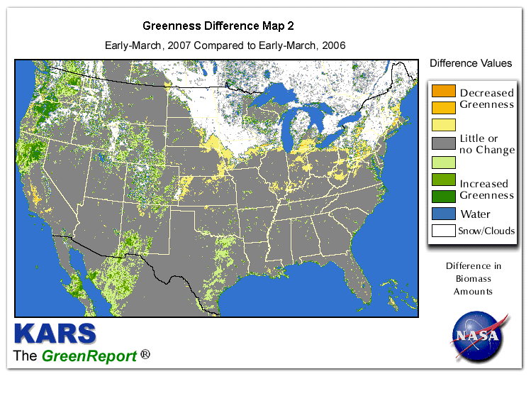 Color-coded U.S. vegetation greeness index map for Period 11 of 2007, illustrating spatial variations in plant vigor, with greener tones indicating higher biomass and browner tones indicating stressed vegetation,
              comparing current crop/vegetation change in biomass to same period from the previous year.