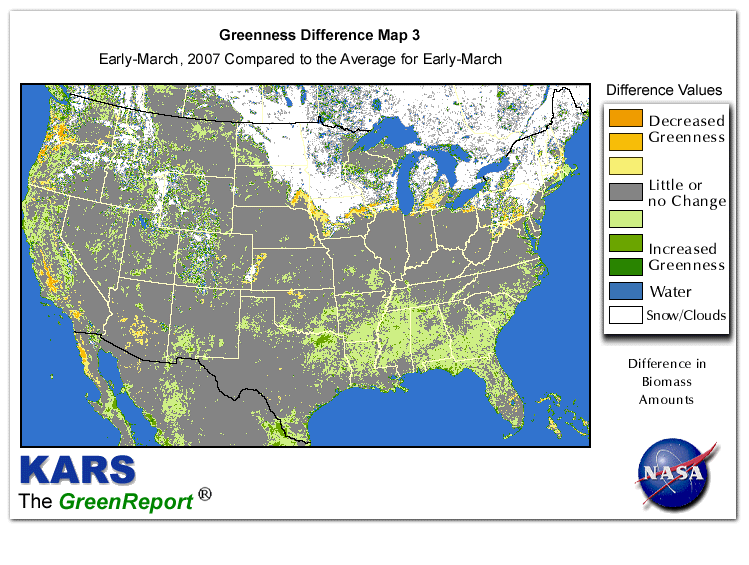 Color-coded U.S. vegetation greeness index map for Period 11 of 2007, illustrating spatial variations in plant vigor, with greener tones indicating higher biomass and browner tones indicating stressed vegetation,
              comparing current crop/vegetation change in biomass to the 20-year greenness average.