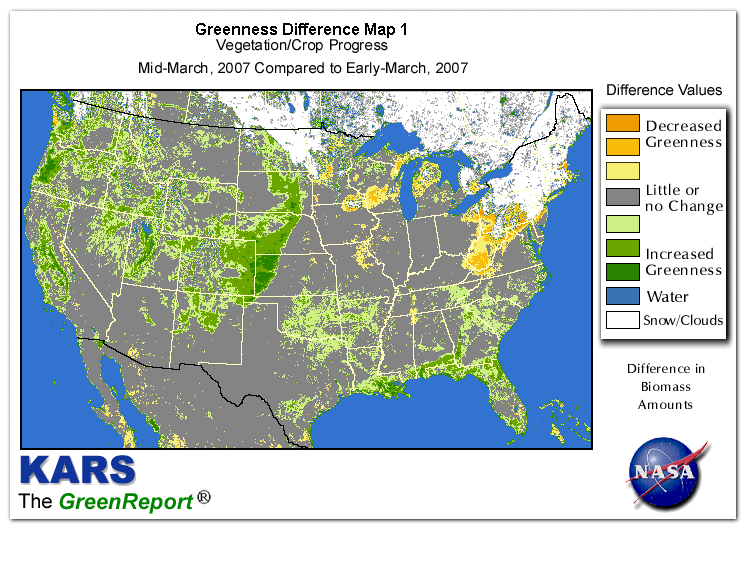 Color-coded U.S. vegetation greeness index map for Period 12 of 2007, illustrating spatial variations in plant vigor, with greener tones indicating higher biomass and browner tones indicating stressed vegetation,
              comparing current crop/vegetation change in biomass to the previous week within the same year.