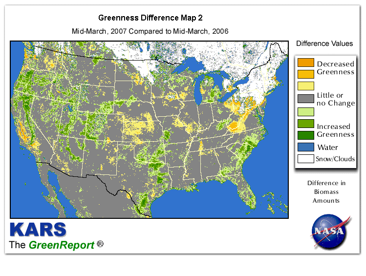 Color-coded U.S. vegetation greeness index map for Period 12 of 2007, illustrating spatial variations in plant vigor, with greener tones indicating higher biomass and browner tones indicating stressed vegetation,
              comparing current crop/vegetation change in biomass to same period from the previous year.