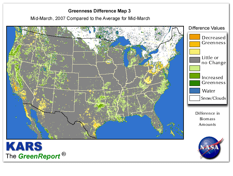 Color-coded U.S. vegetation greeness index map for Period 12 of 2007, illustrating spatial variations in plant vigor, with greener tones indicating higher biomass and browner tones indicating stressed vegetation,
              comparing current crop/vegetation change in biomass to the 20-year greenness average.
