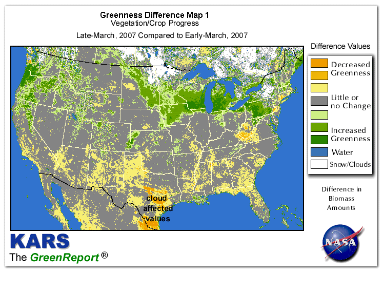Color-coded U.S. vegetation greeness index map for Period 13 of 2007, illustrating spatial variations in plant vigor, with greener tones indicating higher biomass and browner tones indicating stressed vegetation,
              comparing current crop/vegetation change in biomass to the previous week within the same year.
