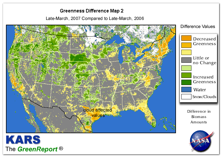 Color-coded U.S. vegetation greeness index map for Period 13 of 2007, illustrating spatial variations in plant vigor, with greener tones indicating higher biomass and browner tones indicating stressed vegetation,
              comparing current crop/vegetation change in biomass to same period from the previous year.