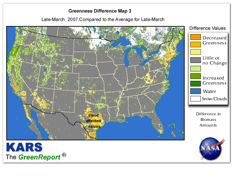 Color-coded U.S. vegetation greeness index map for Period 13 of 2007, illustrating spatial variations in plant vigor, with greener tones indicating higher biomass and browner tones indicating stressed vegetation,
              comparing current crop/vegetation change in biomass to the 20-year greenness average.