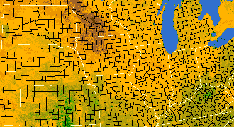 Preview-sized Corn Belt vegetation greeness index map for Period 14 of 2007, illustrating spatial variations in plant vigor, with greener tones indicating higher biomass and browner tones indicating stressed vegetation.