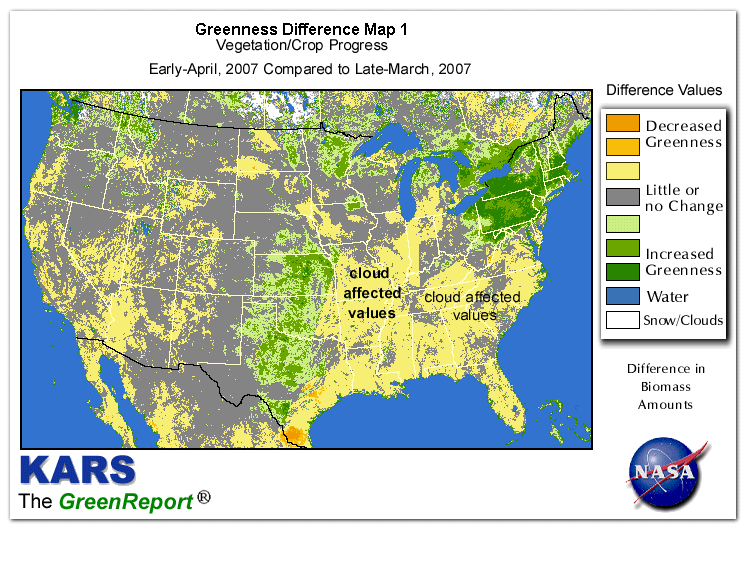 Color-coded U.S. vegetation greeness index map for Period 14 of 2007, illustrating spatial variations in plant vigor, with greener tones indicating higher biomass and browner tones indicating stressed vegetation,
              comparing current crop/vegetation change in biomass to the previous week within the same year.