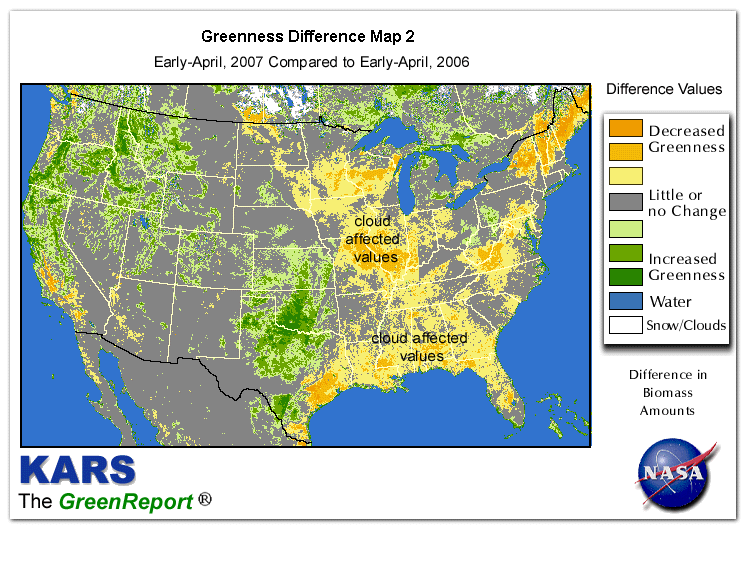 Color-coded U.S. vegetation greeness index map for Period 14 of 2007, illustrating spatial variations in plant vigor, with greener tones indicating higher biomass and browner tones indicating stressed vegetation,
              comparing current crop/vegetation change in biomass to same period from the previous year.
