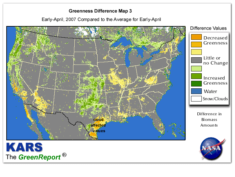 Color-coded U.S. vegetation greeness index map for Period 14 of 2007, illustrating spatial variations in plant vigor, with greener tones indicating higher biomass and browner tones indicating stressed vegetation,
              comparing current crop/vegetation change in biomass to the 20-year greenness average.