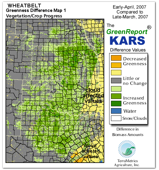 Color-coded Wheat Belt vegetation greeness index map for Period 14 of 2007, illustrating spatial variations in plant vigor, with greener tones indicating higher biomass and browner tones indicating stressed vegetation,
              comparing current crop/vegetation change in biomass to the previous week within the same year.