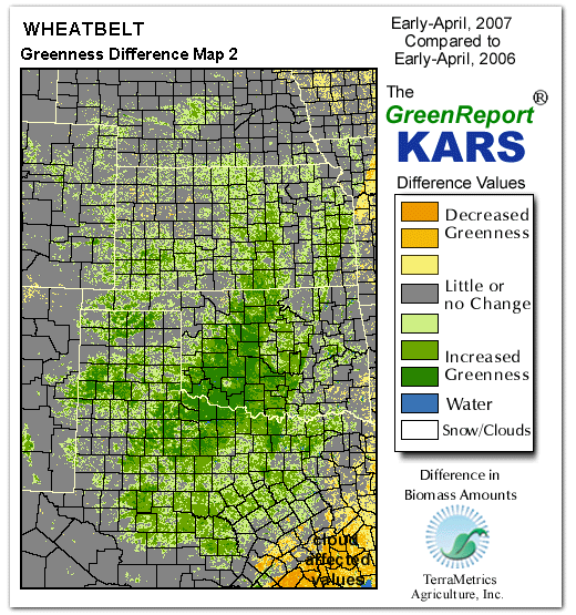 Color-coded Wheat Belt vegetation greeness index map for Period 14 of 2007, illustrating spatial variations in plant vigor, with greener tones indicating higher biomass and browner tones indicating stressed vegetation,
              comparing current crop/vegetation change in biomass to same period from the previous year.