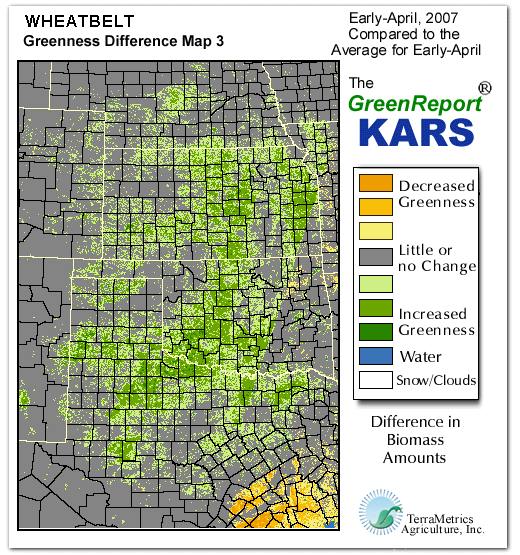 Color-coded Wheat Belt vegetation greeness index map for Period 14 of 2007, illustrating spatial variations in plant vigor, with greener tones indicating higher biomass and browner tones indicating stressed vegetation,
              comparing current crop/vegetation change in biomass to the 20-year greenness average.