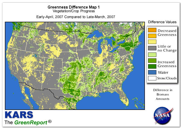 Color-coded U.S. vegetation greeness index map for Period 15 of 2007, illustrating spatial variations in plant vigor, with greener tones indicating higher biomass and browner tones indicating stressed vegetation,
              comparing current crop/vegetation change in biomass to the previous week within the same year.