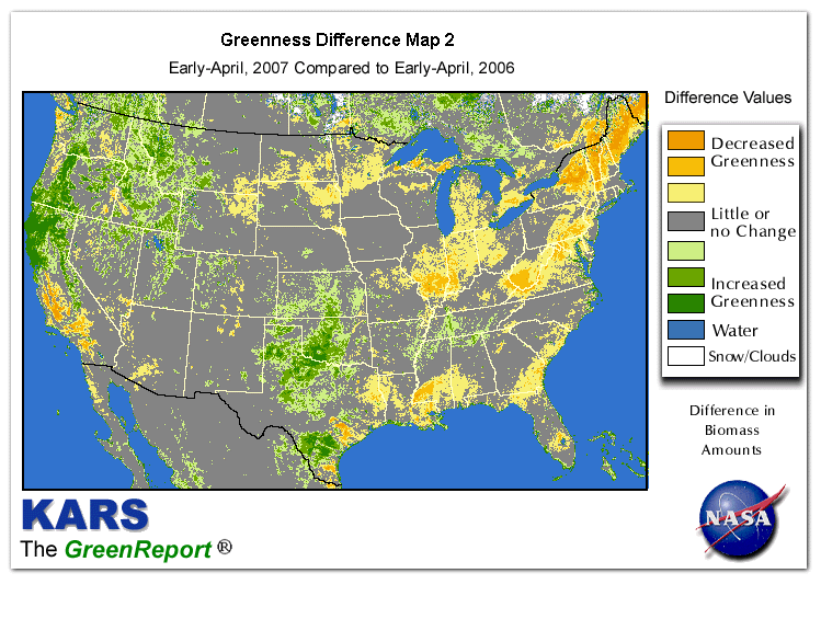 Color-coded U.S. vegetation greeness index map for Period 15 of 2007, illustrating spatial variations in plant vigor, with greener tones indicating higher biomass and browner tones indicating stressed vegetation,
              comparing current crop/vegetation change in biomass to same period from the previous year.
