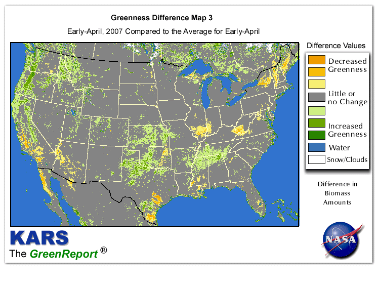 Color-coded U.S. vegetation greeness index map for Period 15 of 2007, illustrating spatial variations in plant vigor, with greener tones indicating higher biomass and browner tones indicating stressed vegetation,
              comparing current crop/vegetation change in biomass to the 20-year greenness average.