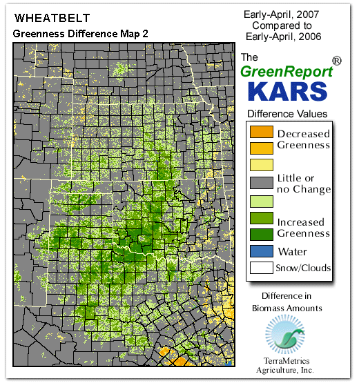 Color-coded Wheat Belt vegetation greeness index map for Period 15 of 2007, illustrating spatial variations in plant vigor, with greener tones indicating higher biomass and browner tones indicating stressed vegetation,
              comparing current crop/vegetation change in biomass to same period from the previous year.