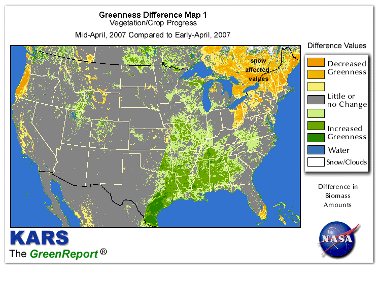 Color-coded U.S. vegetation greeness index map for Period 16 of 2007, illustrating spatial variations in plant vigor, with greener tones indicating higher biomass and browner tones indicating stressed vegetation,
              comparing current crop/vegetation change in biomass to the previous week within the same year.
