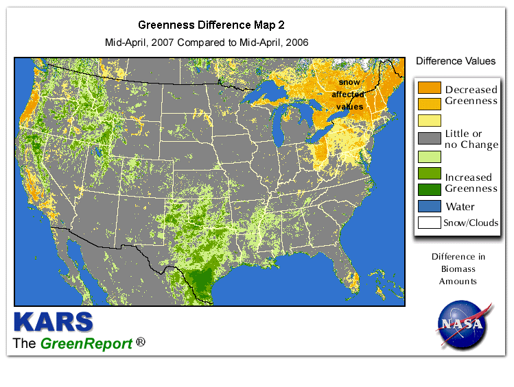 Color-coded U.S. vegetation greeness index map for Period 16 of 2007, illustrating spatial variations in plant vigor, with greener tones indicating higher biomass and browner tones indicating stressed vegetation,
              comparing current crop/vegetation change in biomass to same period from the previous year.
