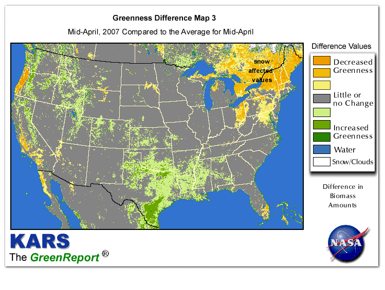 Color-coded U.S. vegetation greeness index map for Period 16 of 2007, illustrating spatial variations in plant vigor, with greener tones indicating higher biomass and browner tones indicating stressed vegetation,
              comparing current crop/vegetation change in biomass to the 20-year greenness average.