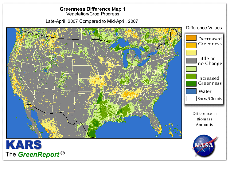 Color-coded U.S. vegetation greeness index map for Period 17 of 2007, illustrating spatial variations in plant vigor, with greener tones indicating higher biomass and browner tones indicating stressed vegetation,
              comparing current crop/vegetation change in biomass to the previous week within the same year.