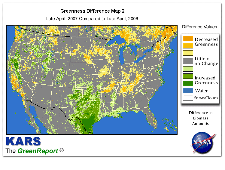 Color-coded U.S. vegetation greeness index map for Period 17 of 2007, illustrating spatial variations in plant vigor, with greener tones indicating higher biomass and browner tones indicating stressed vegetation,
              comparing current crop/vegetation change in biomass to same period from the previous year.