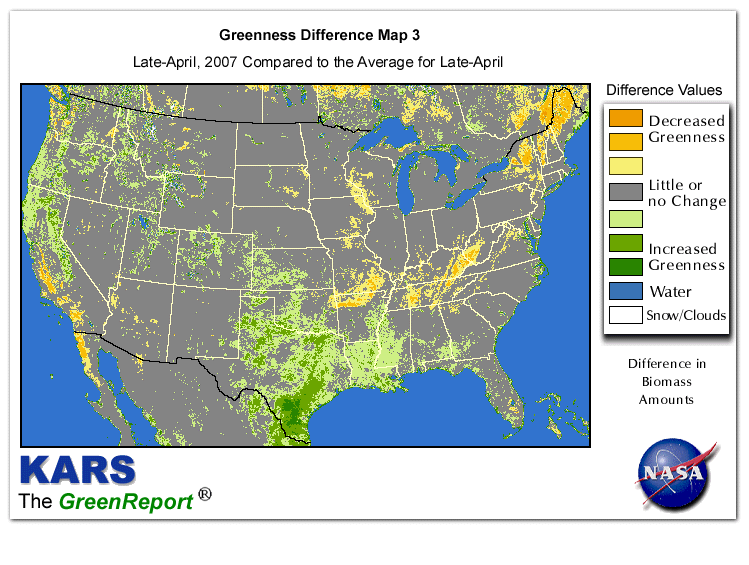 Color-coded U.S. vegetation greeness index map for Period 17 of 2007, illustrating spatial variations in plant vigor, with greener tones indicating higher biomass and browner tones indicating stressed vegetation,
              comparing current crop/vegetation change in biomass to the 20-year greenness average.