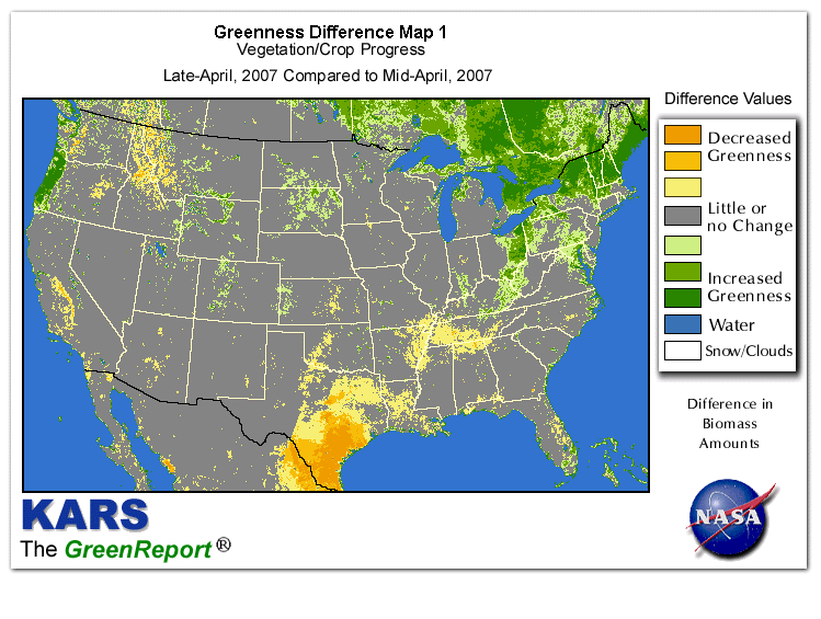 Color-coded U.S. vegetation greeness index map for Period 18 of 2007, illustrating spatial variations in plant vigor, with greener tones indicating higher biomass and browner tones indicating stressed vegetation,
              comparing current crop/vegetation change in biomass to the previous week within the same year.