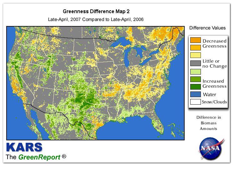 Color-coded U.S. vegetation greeness index map for Period 18 of 2007, illustrating spatial variations in plant vigor, with greener tones indicating higher biomass and browner tones indicating stressed vegetation,
              comparing current crop/vegetation change in biomass to same period from the previous year.