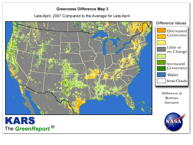 Color-coded U.S. vegetation greeness index map for Period 18 of 2007, illustrating spatial variations in plant vigor, with greener tones indicating higher biomass and browner tones indicating stressed vegetation,
              comparing current crop/vegetation change in biomass to the 20-year greenness average.