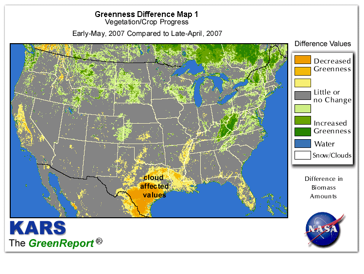 Color-coded U.S. vegetation greeness index map for Period 19 of 2007, illustrating spatial variations in plant vigor, with greener tones indicating higher biomass and browner tones indicating stressed vegetation,
              comparing current crop/vegetation change in biomass to the previous week within the same year.
