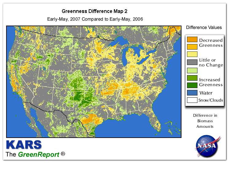 Color-coded U.S. vegetation greeness index map for Period 19 of 2007, illustrating spatial variations in plant vigor, with greener tones indicating higher biomass and browner tones indicating stressed vegetation,
              comparing current crop/vegetation change in biomass to same period from the previous year.