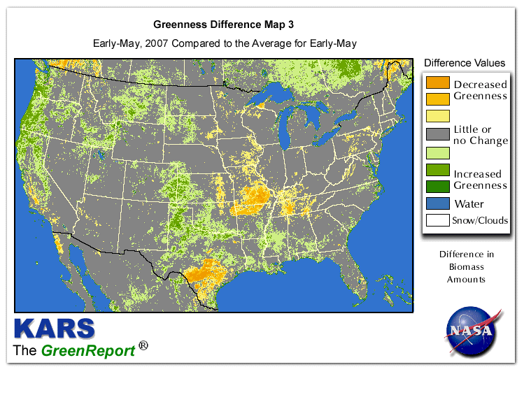 Color-coded U.S. vegetation greeness index map for Period 19 of 2007, illustrating spatial variations in plant vigor, with greener tones indicating higher biomass and browner tones indicating stressed vegetation,
              comparing current crop/vegetation change in biomass to the 20-year greenness average.