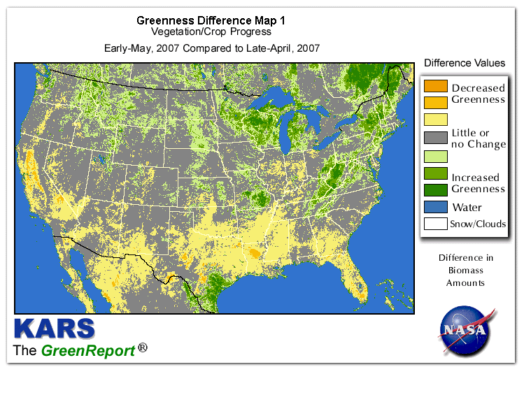 Color-coded U.S. vegetation greeness index map for Period 20 of 2007, illustrating spatial variations in plant vigor, with greener tones indicating higher biomass and browner tones indicating stressed vegetation,
              comparing current crop/vegetation change in biomass to the previous week within the same year.