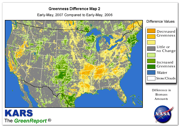 Color-coded U.S. vegetation greeness index map for Period 20 of 2007, illustrating spatial variations in plant vigor, with greener tones indicating higher biomass and browner tones indicating stressed vegetation,
              comparing current crop/vegetation change in biomass to same period from the previous year.
