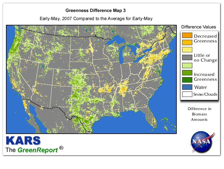 Color-coded U.S. vegetation greeness index map for Period 20 of 2007, illustrating spatial variations in plant vigor, with greener tones indicating higher biomass and browner tones indicating stressed vegetation,
              comparing current crop/vegetation change in biomass to the 20-year greenness average.