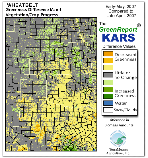 Color-coded Wheat Belt vegetation greeness index map for Period 20 of 2007, illustrating spatial variations in plant vigor, with greener tones indicating higher biomass and browner tones indicating stressed vegetation,
              comparing current crop/vegetation change in biomass to the previous week within the same year.
