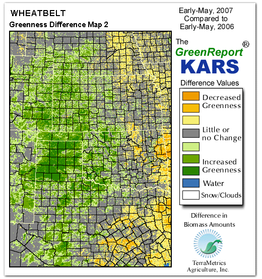 Color-coded Wheat Belt vegetation greeness index map for Period 20 of 2007, illustrating spatial variations in plant vigor, with greener tones indicating higher biomass and browner tones indicating stressed vegetation,
              comparing current crop/vegetation change in biomass to same period from the previous year.