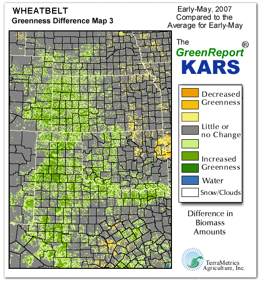 Color-coded Wheat Belt vegetation greeness index map for Period 20 of 2007, illustrating spatial variations in plant vigor, with greener tones indicating higher biomass and browner tones indicating stressed vegetation,
              comparing current crop/vegetation change in biomass to the 20-year greenness average.