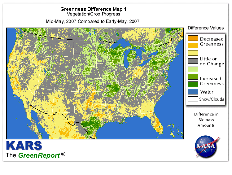 Color-coded U.S. vegetation greeness index map for Period 21 of 2007, illustrating spatial variations in plant vigor, with greener tones indicating higher biomass and browner tones indicating stressed vegetation,
              comparing current crop/vegetation change in biomass to the previous week within the same year.