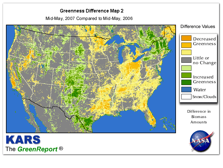 Color-coded U.S. vegetation greeness index map for Period 21 of 2007, illustrating spatial variations in plant vigor, with greener tones indicating higher biomass and browner tones indicating stressed vegetation,
              comparing current crop/vegetation change in biomass to same period from the previous year.