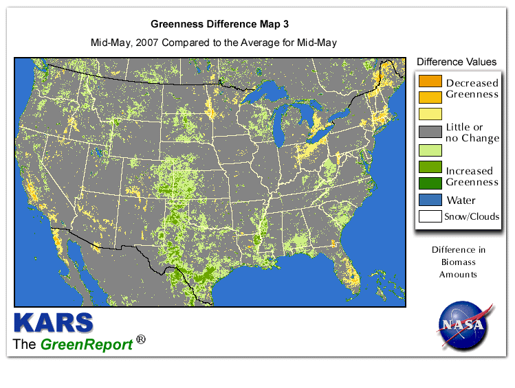 Color-coded U.S. vegetation greeness index map for Period 21 of 2007, illustrating spatial variations in plant vigor, with greener tones indicating higher biomass and browner tones indicating stressed vegetation,
              comparing current crop/vegetation change in biomass to the 20-year greenness average.